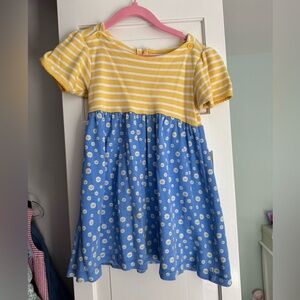 JoJo Maman Bebe 100% Cotton Yellow Striped and Blue Floral Dress